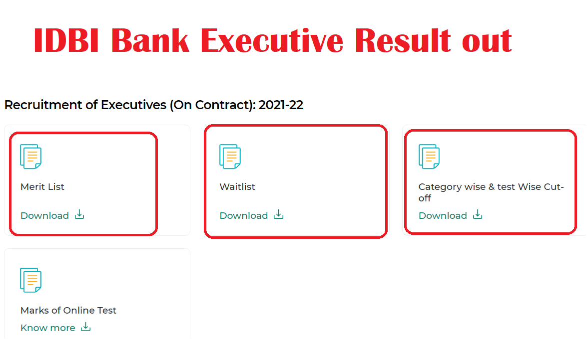 IDBI Bank Executives result 2022, cut off marks, Merit list pdf, waiting list, online test score