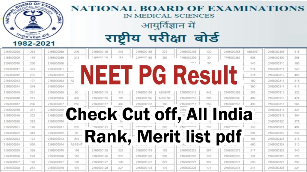 NEET PG Result, cut off, merit list pdf, All India rank list, all India quota list 2022, State wise rank list 2022