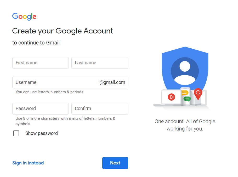 gmail create an account