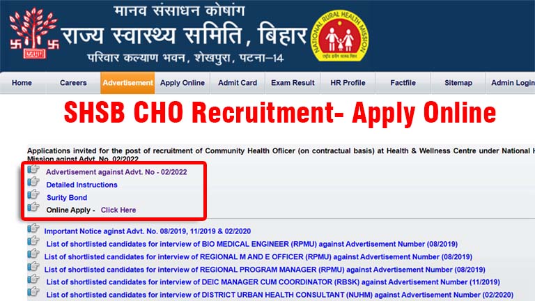 SHSB CHO Recruitment apply online, Bihar NHM CHO Vacancy, statehealthsocietybihar.org